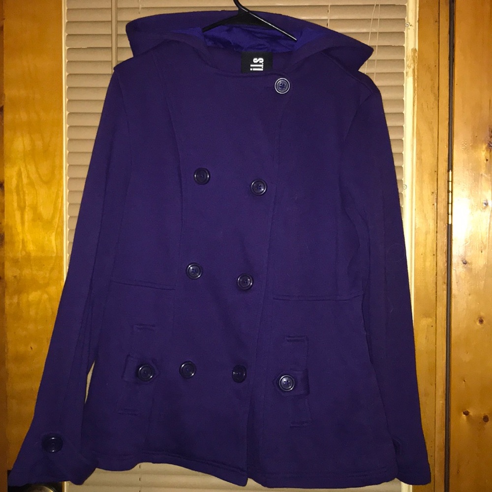Deep purple double breasted pea coat with hood